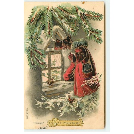 n°18336 - Carte Gaufrée - Joyeux Noël - Père Noël regardant par une fenêtre
