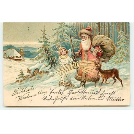 n°18338 - Carte Gaufrée - Fröhliche Wrihnachten - Père Noël, et un ange sortant d'une forêt