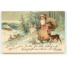 n°18338 - Carte Gaufrée - Fröhliche Wrihnachten - Père Noël, et un ange sortant d'une forêt