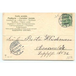 n°18338 - Carte Gaufrée - Fröhliche Wrihnachten - Père Noël, et un ange sortant d'une forêt