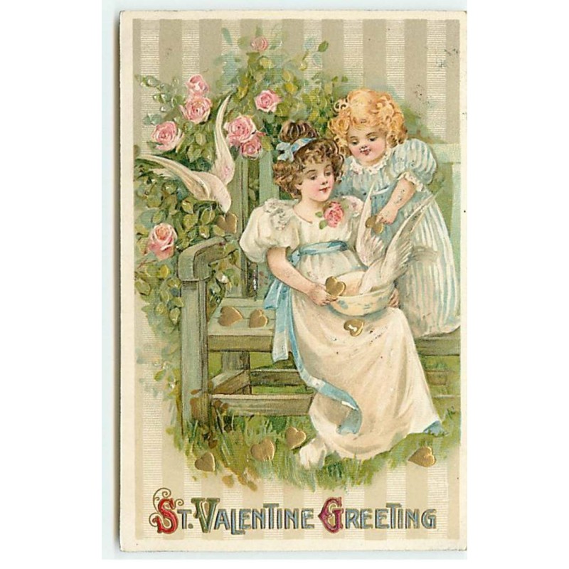n°18342 - Carte Gaufrée - St Valentine Greeting - Fillettes sur un banc nourrissant des colombes