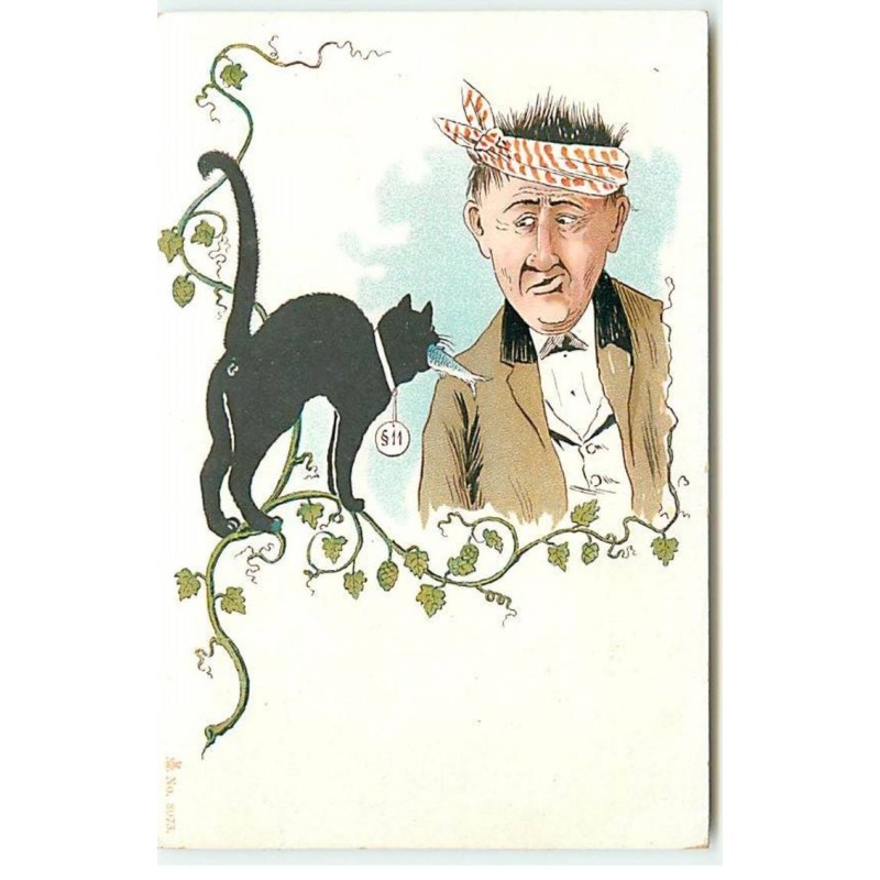 n°18347 - Chat noir apportant un poisson à un homme avec un bandeau