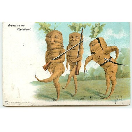 n°18355 - H. Schmidt - Gruess us em Rüebliland - Carottes armées - Surréalisme
