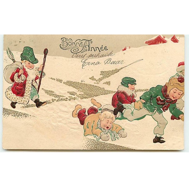 n°10792 - Carte Fantaisie Gaufrée - Bonne Année - Enfants dans un paysage Hivernal