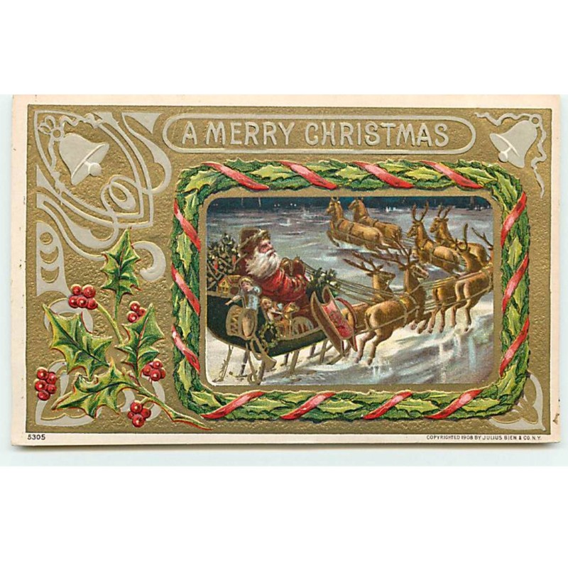 n°18376 - Carte Gaufrée - A Merry Christmas - Père Noël sur son traîneau