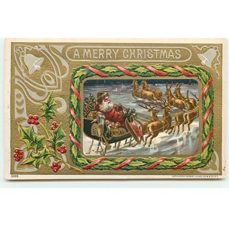 n°18376 - Carte Gaufrée - A Merry Christmas - Père Noël sur son traîneau