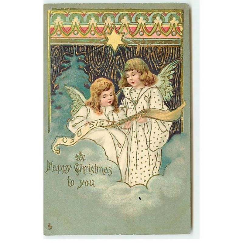 n°18379 - Carte Gaufrée - A Happy Christmas to you - Anges lisant