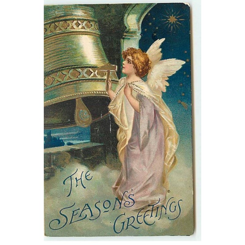 n°18380 - Carte Gaufrée - Clapsaddle - The Season's Greetings - Ange gardien frappant sur une cloche