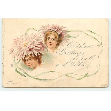 n°18384 - Christmas Greetings with all good Wisches - Jeunes femmes coiffées de fleurs