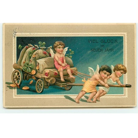n°18386 - Carte Gaufrée - Viel Glück im neuen Jahre - Anges tirant une charette remplie de sacs de pièces d'or