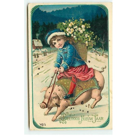n°18389 - Gelukkig Nieuw Jaar - Fillette portant du muguet, à califourchon sur un cochon