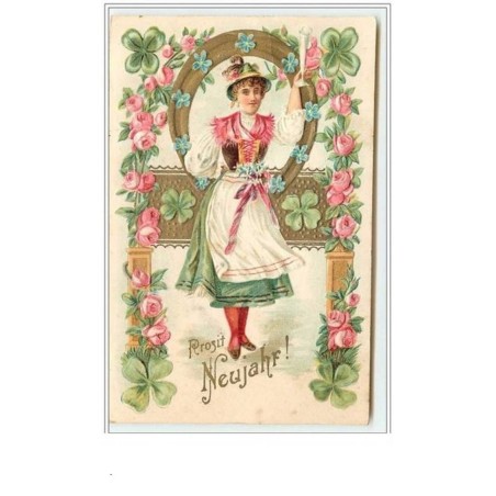 n°1839 - Carte Gaufrée - Prosit Neujahr - Femme levant sa flute de champagne