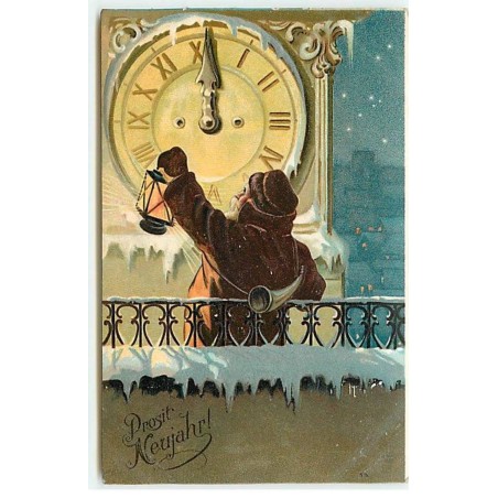 n°18422 - Carte Gaufrée - Prosit Neujahr - Veilleur de nuit près d'une horloge