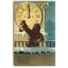 n°18422 - Carte Gaufrée - Prosit Neujahr - Veilleur de nuit près d'une horloge