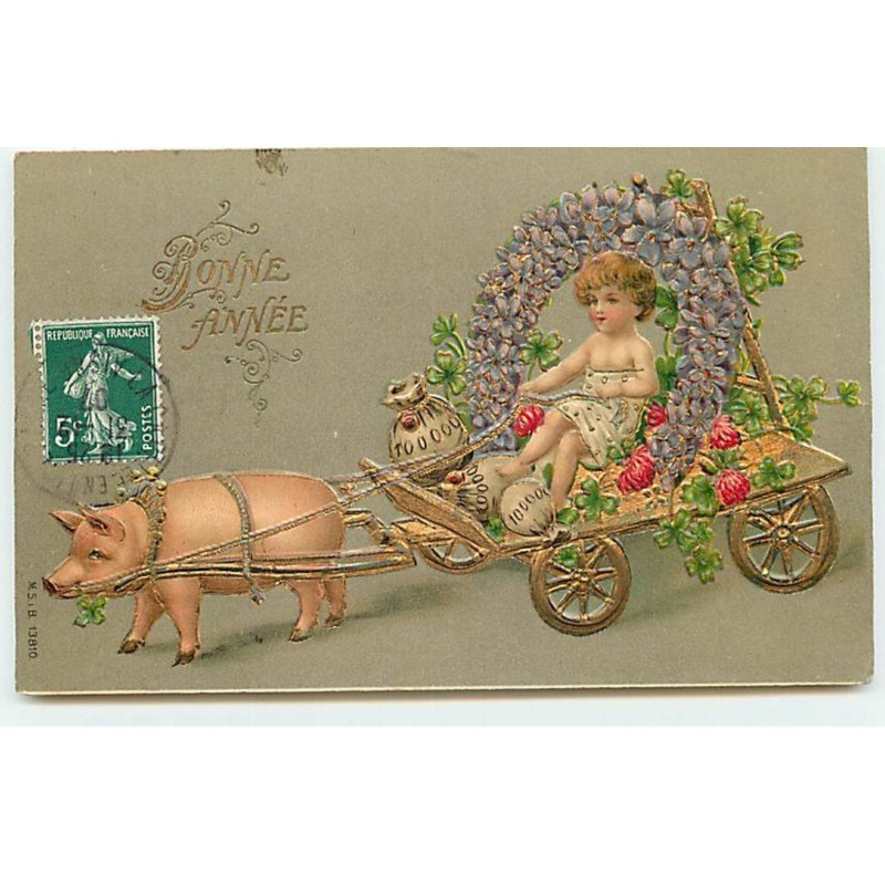 n°18423 - Carte Gaufrée - Bonne Année - Enfant dans une charette tirée par un cochon