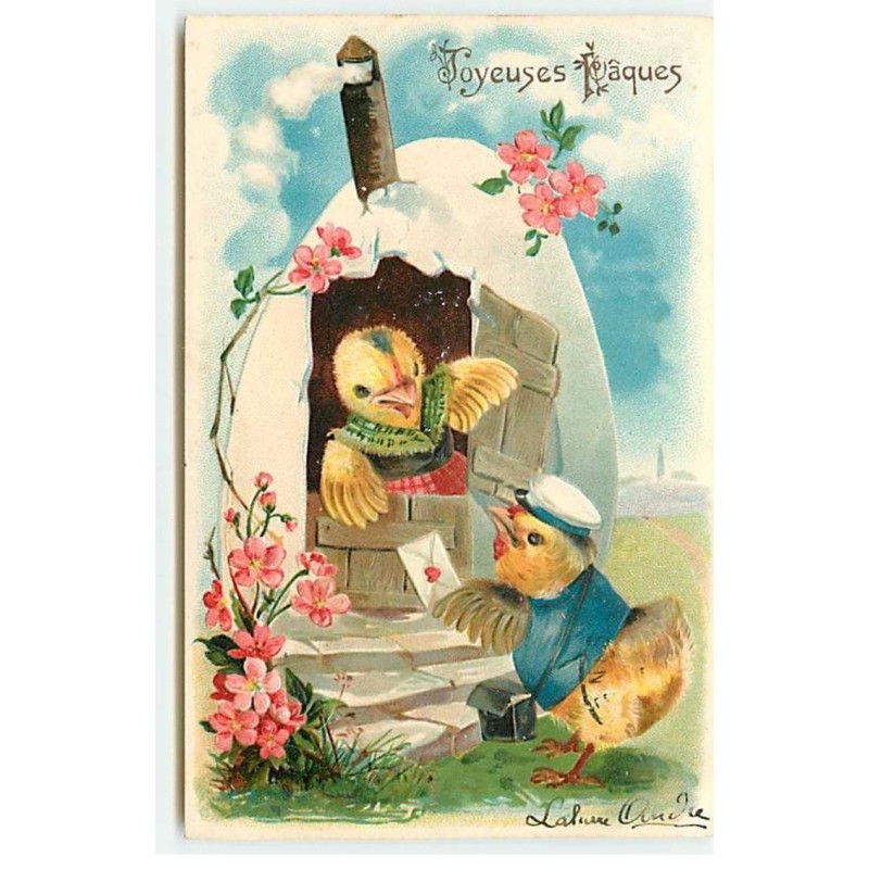 n°18426 - Carte Gaufrée - Joyeuses Pâques - Poussins habillés, l'un apportant une lettre