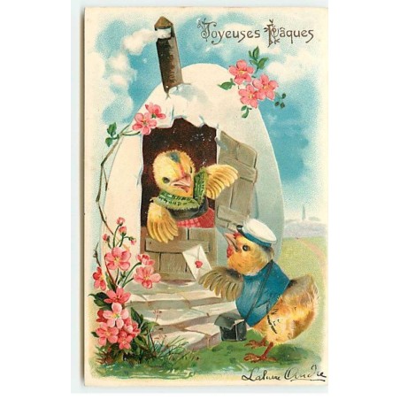 n°18426 - Carte Gaufrée - Joyeuses Pâques - Poussins habillés, l'un apportant une lettre