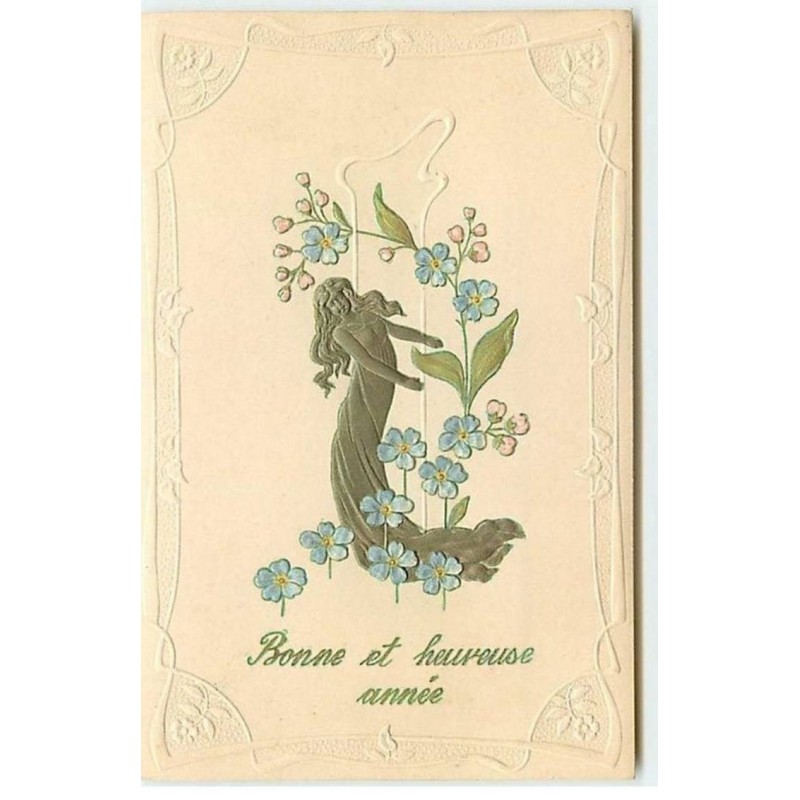 n°10797 - Carte Fantaisie Gaufrée - Bonne et Heureuse Année - Femme et fleurs bleues