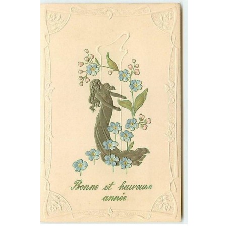 n°10797 - Carte Fantaisie Gaufrée - Bonne et Heureuse Année - Femme et fleurs bleues