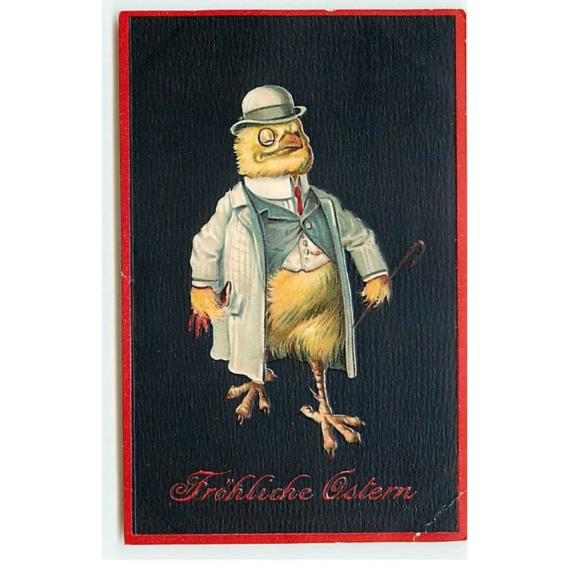 n°18428 - Carte Gaufrée - Fröhliche Ostern - Poussin habillé avec un costume