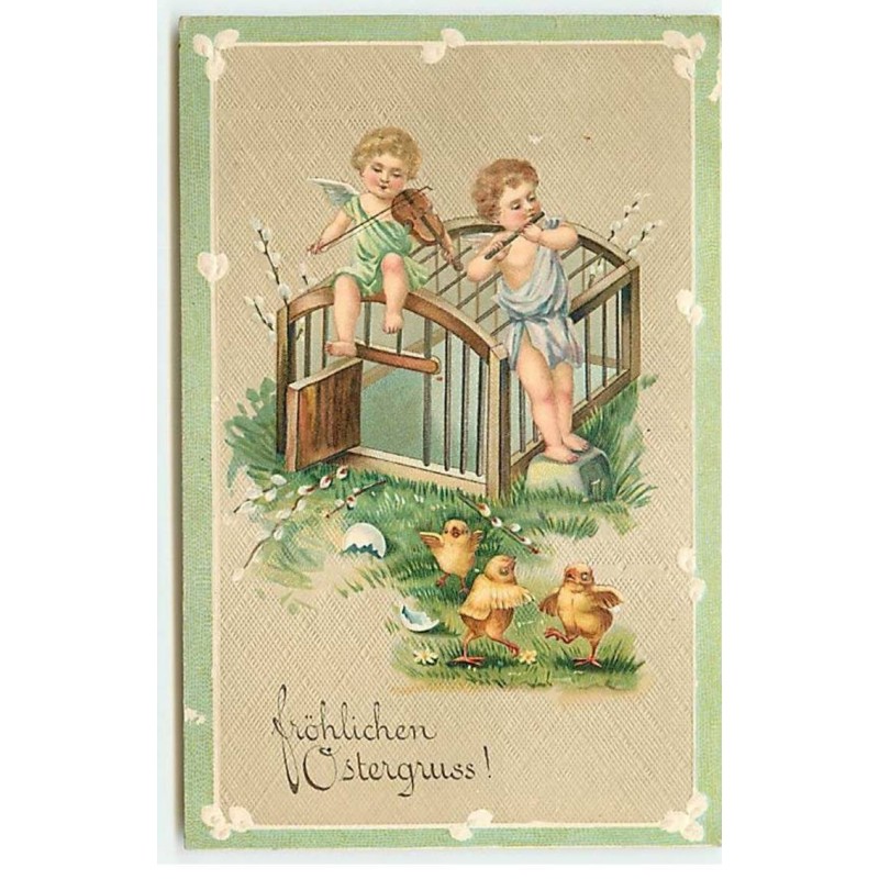 n°18429 - Carte Gaufrée - Fröhliche Ostergruss - Anges jouant de la musique pour des poussins