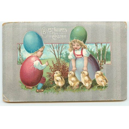 n°18430 - Carte Gaufrée - Best Wishes for Easter - Enfants regardant des pousssins