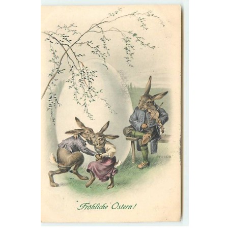 n°18435 - MM Vienne n°429 - Fröhliche Ostern - Lièvre jouant du violon pour un couple de lièvre dansant