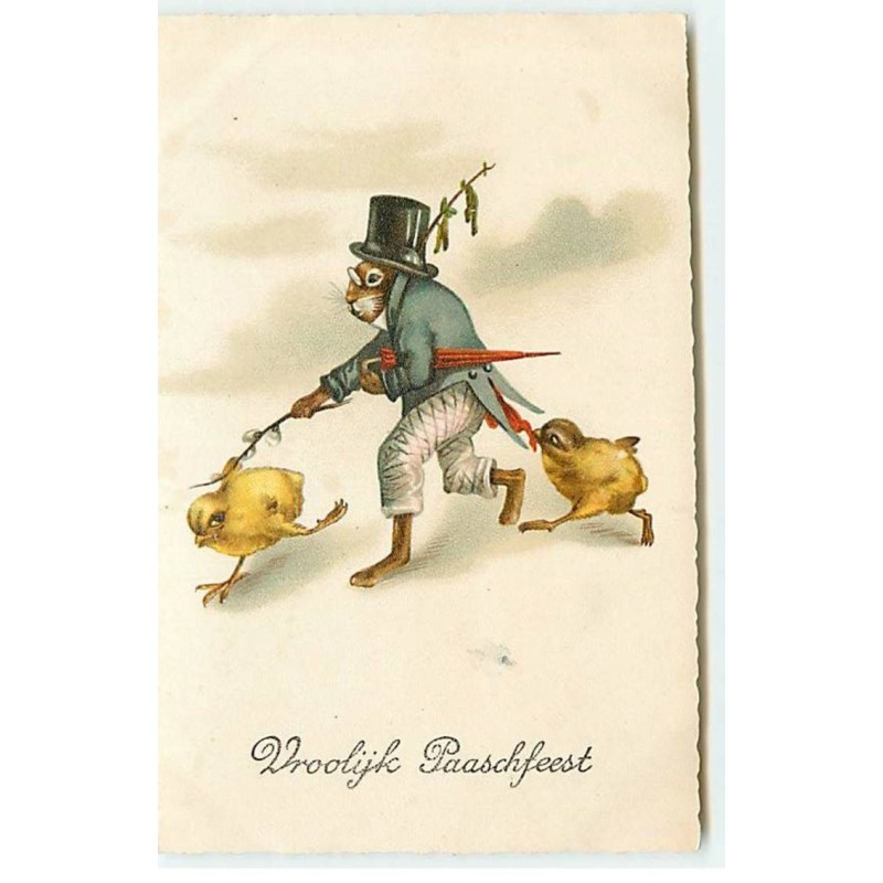 n°18436 - Vroolijk Paaschfeest - Lièvre habillé avec deux poussins