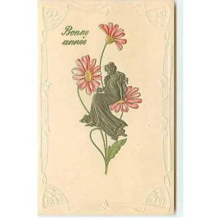 n°10798 - Carte Fantaisie Gaufrée - Bonne Année - Femme et fleurs rouges