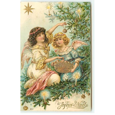 n°18467 - Carte Gaufrée - Joyeux Noël - Deux anges décorant un sapin