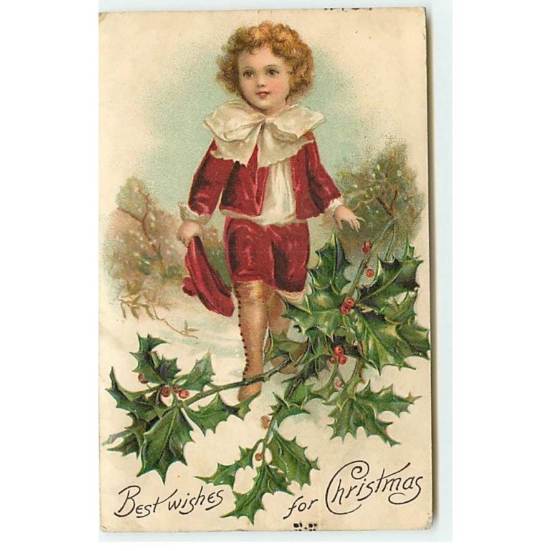n°18475 - Carte Gaufrée - Clapsaddle - Best wishes for Christmas - Garçon et houx
