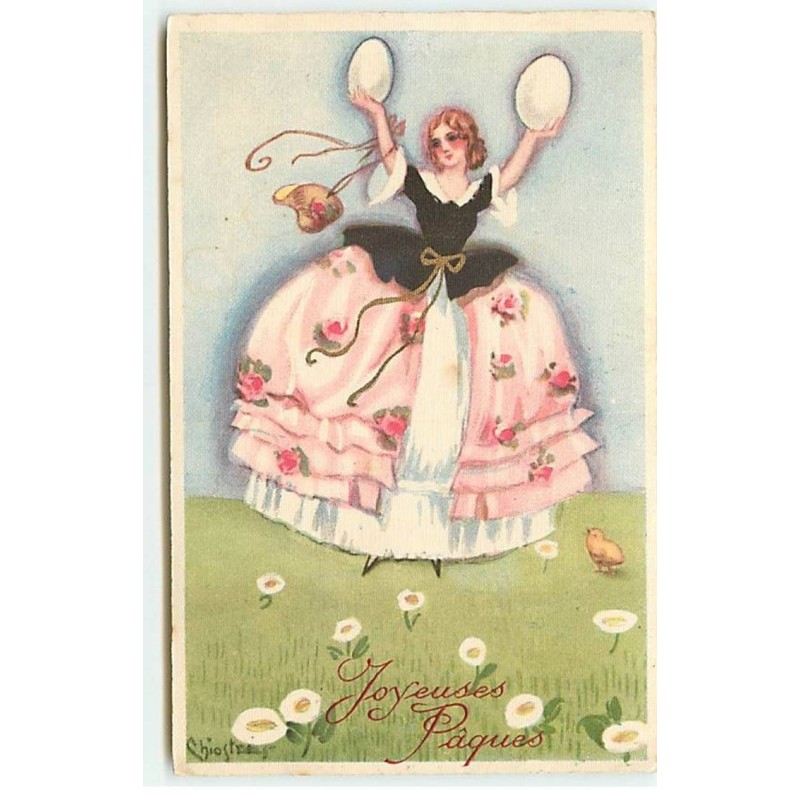 n°18482 - Chiostri - Joyeuses Pâques - Jeune femme dans un pré, tenant deux oeufs