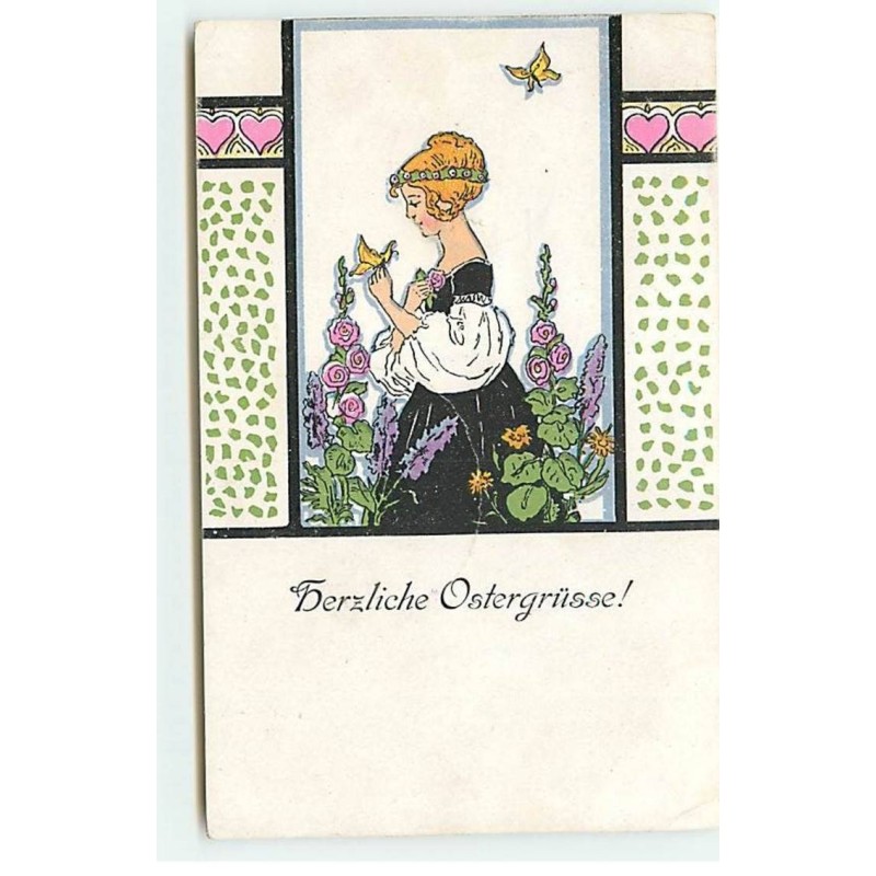 n°18483 - Herzliche Ostergrüsse - Jeune femme dans un jardin avec un papillon sur la main