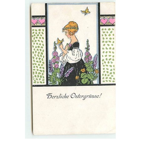 n°18483 - Herzliche Ostergrüsse - Jeune femme dans un jardin avec un papillon sur la main