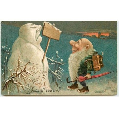 n°10800- Carte Fantaisie Gaufrée - Bonhomme de Neige et Nain, Gnome.