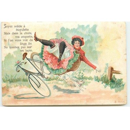 n°18514 - Soyez solide .... un lapin - Jeune  femme tombant d'une bicyclette à cause d'un lapin