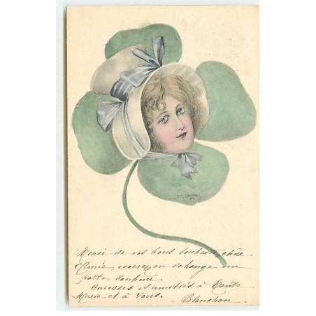 n°18518 - E.M. Kantner - Portrait d'une jeune femme au milieu d'un trèfle - surréalisme