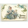 n°1852 - Carte  Gaufrée - Bonne Année - Fillette et bouquet de myosotis