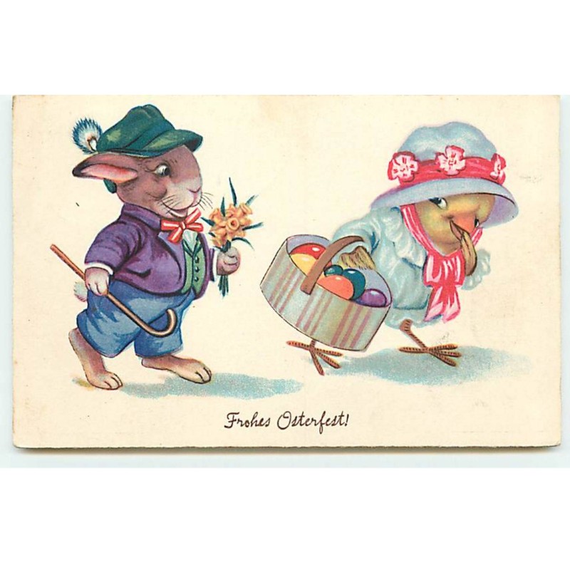 n°18521 - Frohes Osterfest - Lapin habillé offrant des fleurs à un poussin habillé