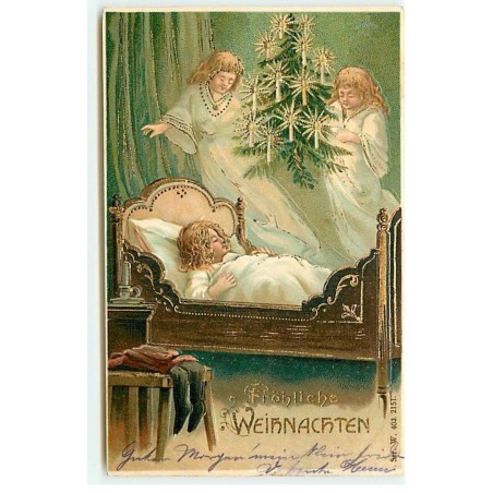 n°18534 - Carte Gaufrée - Fröhliche Weihnachten - Anges apportant un sapin à une fillette dormant