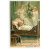 n°18534 - Carte Gaufrée - Fröhliche Weihnachten - Anges apportant un sapin à une fillette dormant