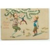 n°18535 - Carte Gaufrée - Fröhliche Weihnachten - Garçons, l'un jouant avec un pantin en bois