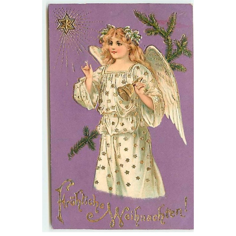 n°18540 - Carte Gaufrée - Fröhliche Weihnachten - Ange avec une cloche