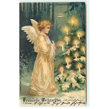 n°18541 - Fröhliche Weihnachten - Clapsaddle - Ange près d'un sapin décoré de bougies