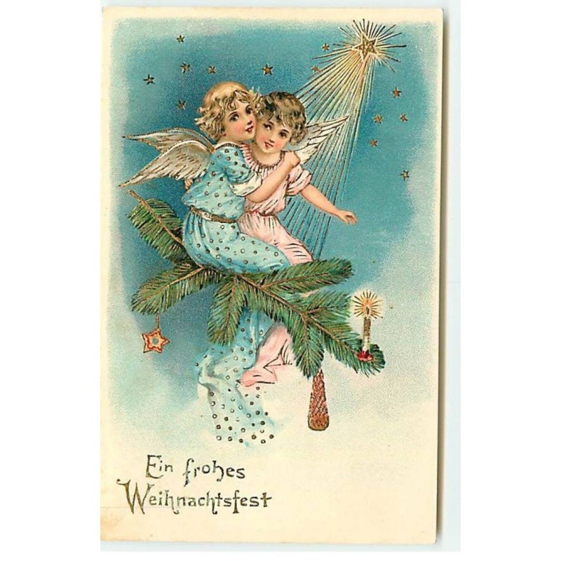 n°18549 - Carte Gaufrée - Ein Fröhes Weihnachtsfest - Anges assis sur une branche de sapin