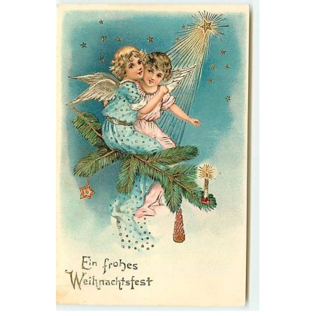 n°18549 - Carte Gaufrée - Ein Fröhes Weihnachtsfest - Anges assis sur une branche de sapin
