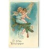 n°18549 - Carte Gaufrée - Ein Fröhes Weihnachtsfest - Anges assis sur une branche de sapin