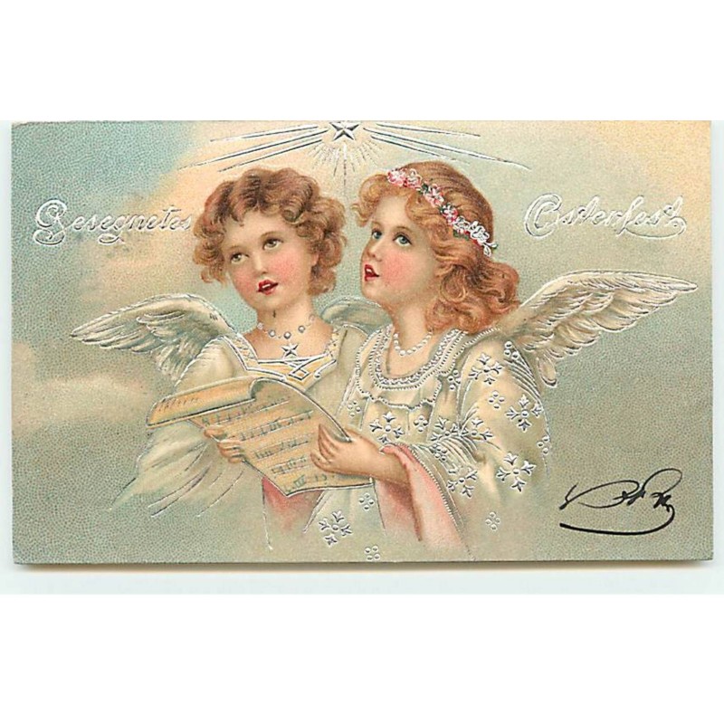 n°18573 - Carte gaufrée - Gesegnetes Osterfest - Anges chantant