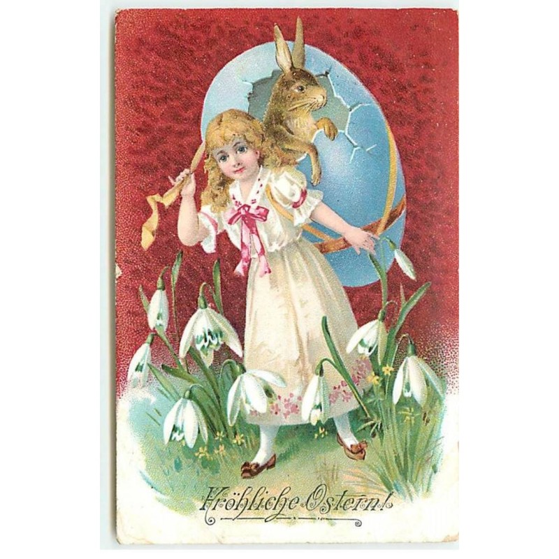 n°18575 - Fröhliche Ostern - Fillette portant un  oeuf dont sort un lièvre - Perce neige