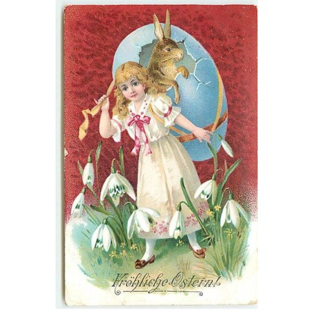 n°18575 - Fröhliche Ostern - Fillette portant un  oeuf dont sort un lièvre - Perce neige